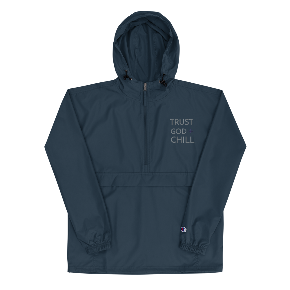 Trust God + Chill Embroidered Champion Packable Jacket